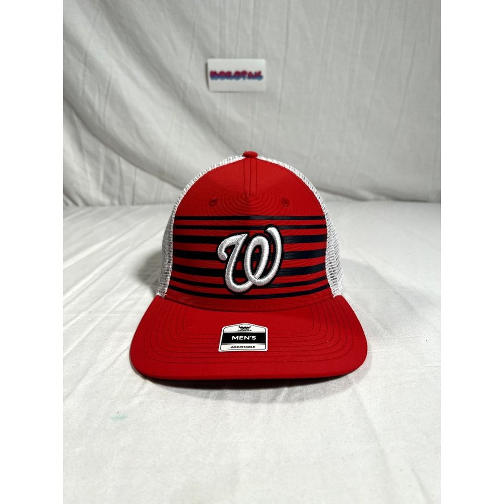 Red W Trucker Hat with Navy Stripes - Men's